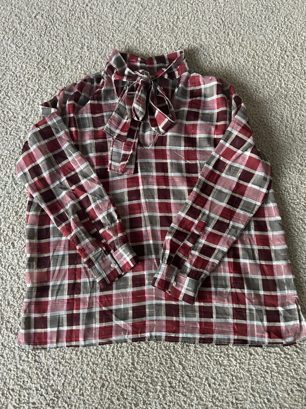 Plaid Festive Tie Neck Blouse Large Petite by Ann Taylor Semi-Sheer